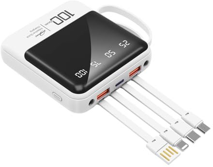 10000mAh Portable Cell Phone Charger with Built in Cables and Flashlight Power Bank External Battery Pack Compatible with iPhone Samsung Google LG iPad and More (White)