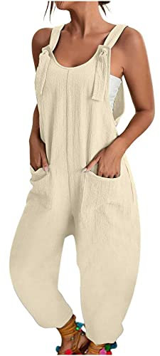 Jumpsuit für Damen, schick und elegant, Jumpsuit, gerade, fließend, Sommer, ärmellos, einfarbig, schmal, Jumpsuit, mit Taschen, lässig, Playsuit, Hose, breit, Arbeitsoverall, beige, 48