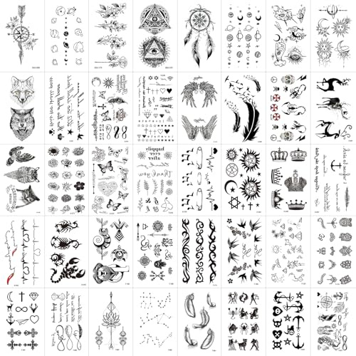 qijiefenCC 40 Sheets Temporary Tattoos,Waterproof Black Tiny Tattoo Sticker,Girls Boys Body Art Arm Waterproof Tattoo Stickers,for Adult Women Face Body Hand