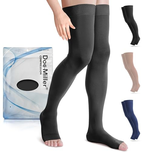 Doc Miller Thigh High Open Toe Compression Stockings 15-20mmHg for Varicose Veins, Pregnancy Support Open Toe Thigh High Compression Socks for Women and Men (Black, Large)