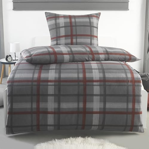 BaSaTex Flausch Winter Bettwäsche Set, 2-TLG., 135x200, Karo Grau | Warm und Kuschelig, Öko_Tex Zertifiziert, Reißverschluss, Flauschig Anschmiegsam, Feuchtigkeitsregulierend