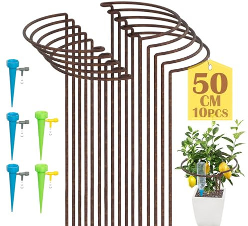KAZITOO 10 Pack Large 50cm Rusty Bow Plant Support Stakes, Half Round Natural Rust Flower Support Ring Cage Frame with 5 Self Watering Spikes, Rust Metal Garden Border for Peonies, Hydrangea, Monstera