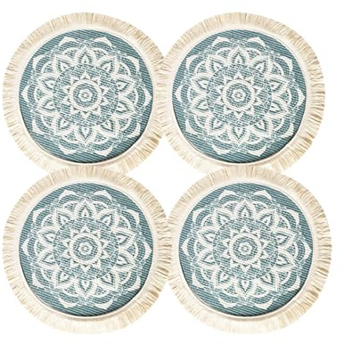 4 Stück Runde Boho-Tischsets aus Baumwolle für heiße Gerichte und Getränke, 34cm, gewebte Baumwoll-Tischsets, waschbar, Mandala-Muster, Quaste, hitzebeständig, Tischmatten für Esstisch