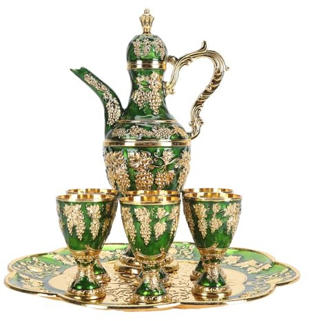 Turkish Tea Set, Vintage Metal Wine Pot Kit Turkish Coffee Set with Teapot Tray and 6 Cups for Home Decor Birthday Christmas Housewarming Wedding (Gold Green)