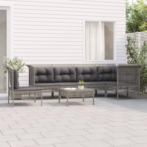 QZZCED Garten-Loungemöbel Balkonmöbel-Set Gartenmöbel-Sets Terrassengarnitur 7-TLG. Garten-Lounge-Set mit Kissen Grau Poly Rattan für Garten, Terrasse und Balkon