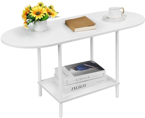 Shinoske Coffee Table for Living Room, 2-Tier Oval Table with Open Shelf, Modern Centre Table for Small Spaces, Bedroom - Sturdy Metal Frame & MDF Board White