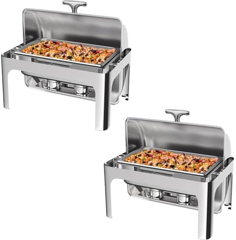 Chafing Dish Buffet Set with Roll Top Food Tray - 9QT Food Warmer for Weddings, Parties, Banquets - Water Tray Fuel Rack - Rectangular Shape with Visible Lid - Dining Events Catering Supplies