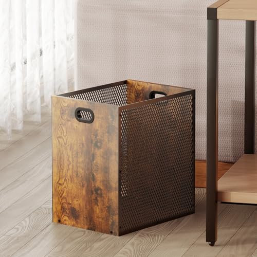 Huxitocan Retro Office Trash Can, Iron and Wood Combination Bedroom Garbage Can, Rectangular Design Wastebasket with Handle, Industrial Style Trash Can for Home Office, 4.5 Gallon (Patent Pending)