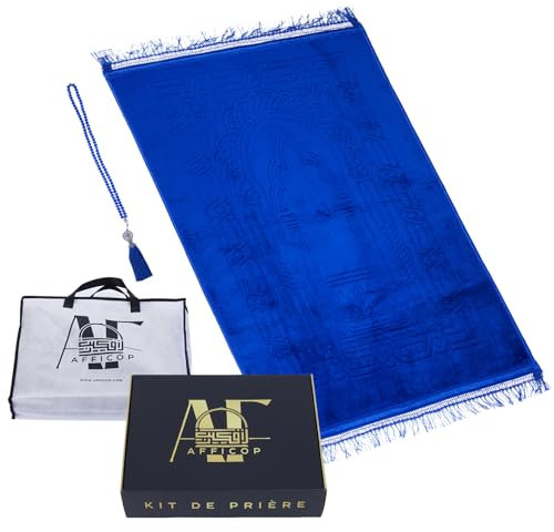 Afficop® Muslimisches Gebets-Set – dicker & bequemer Teppich für Gebet und Praxis des Islam + Tragetasche und Rosenkranz inklusive – für Damen und Herren (Himmelblau, Goldene Sonnenfinsternis)
