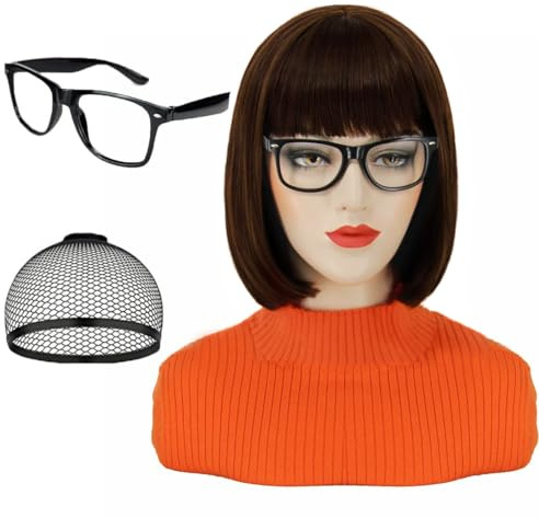 PORSMEER Brauner Bob Perücken für Velma, Cosplay Kurzhaarperücke mit Pony für Frauen mit 1*Schwarze Brille, Natürliche Nette Synthetische Bunte Perücken für Party Halloween Kostüm