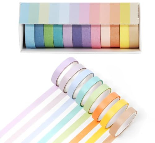 WeddHuis 12 Rouleaux Washi Tape Set, Ruban Adhésif Décoratif Arc-en-Ciel, Décoratif pour Enfants et Adultes, Scrapbooking, Bricolage et Bullet Journals (2m x 7,5 mm/Rouleau) (Multicolore)