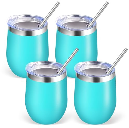 Volhoply Lot de 4 verres à vin en acier inoxydable de 355 ml avec couvercle, verres à vin isothermes à double paroi sans pied, gobelet réutilisable en métal pour voyage avec paille, tasse de café