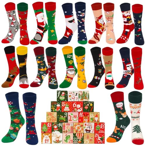 BOFUNX 12 Paare Unisex Weihnachtssocken Adventskalender Geschenk Christmas Socks Lustige Weihnachtssocken mit 24pcs Countdown Geschenkboxen für Damen und Herren 36-44