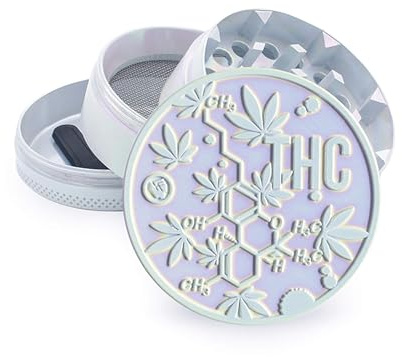 THC Molecule Icy Pearl White Rainbow Grinder - Regenbogen Crusher Mühle für Kräuter Spice Herb Ø 50 mm 4 teilig Set mit Pollen Scraper inkl. Pop Up Dose