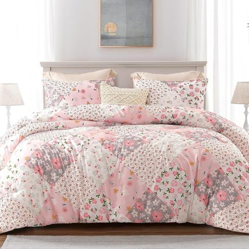 Couette de Luxe en Duvet 220x240, Couette Imprimée Motif Patchwork De Pétales 4 Saisons en Duvet, Rose Hiver Chaude en Duvet pour 2 Personnes, Edredon Réversible Couette et 2 Taie d'oreiller 65x65 cm