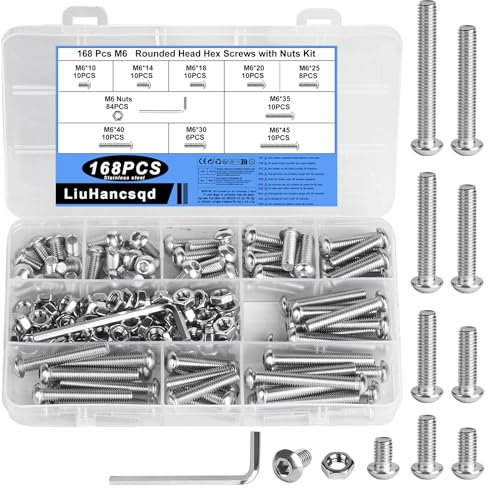 168 Pz M6 Viti Bulloni e Dadi Set, Bulloni Viti a Testa Esagonale e Dadi Kit, Vite a Brugola, Set Viti a Cilindrica con Esagono Incassato e Dadi, Bulloni Vite a Testa Bottone Brugola