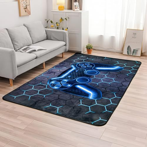 PEIHUODAN Alfombras De Videojuegos para Niños Y Adolescentes, Moderno Cool Tech Style Gaming Room Home Decoration Mat Alfombrilla Gamer Controller Gamepad, Alfombra Antideslizante (Blue,160X230cm)