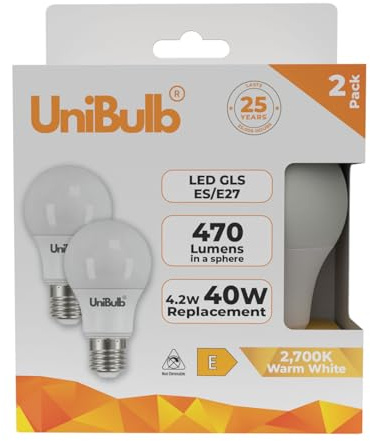 Unibulb E27 Edison Screw (ES) 4.2W Energy Efficient LED Light Bulb, 470 Lumens, 2700K Warm White, 40W Equivalent, 25,000hr Life, Non-Dimmable, Pack of 2
