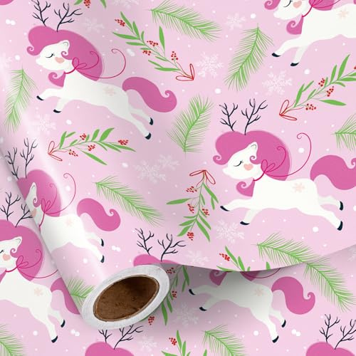 RUSPEPA Weihnachts-Einhorn-Geschenkpapierrolle Für Mädchen, Rosa Einhorn Mit Geweih Und Stechpalmen-Design, Rosa Pony-Geschenkpapier Für Kinder, Weihnachtsgeschenke, Geburtstagsparty, 43,2Cm X 5M