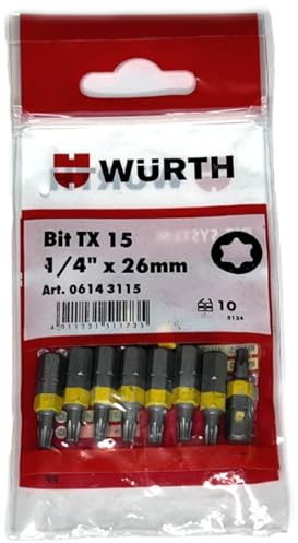 Würth 10x TX15 Bit 1/4 Zoll x 26mm TX 15 C 6,3 Antrieb Schrauben 06143115 Innensechskant