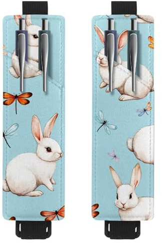 VAPOKF 2 Stück Verstellbarer Gummiband-Stifthalter für Notizbuch, PU-Leder-Stifthalter, Stifteetui für Hardcover-Journals, Bücher, Planer, Ordner, Tablets – Hasen spielen mit Libellen