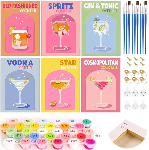Malen nach Zahlen Erwachsene Cocktail mit Rahmen: Cocktail Paint by Numbers Malen Nach Zahlenmalen mit Rahmen - DIY Landschaft mit Pinseln und Acrylfarben für Anfänger, Home Décor, 6 Stück (A)