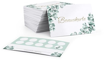 Lot de 50 cartes bonus vierges, à remplir, gaufrage doré et eucalyptus, avec espace pour les noms de clients et les tampons d'entreprise, cartes avec designs modernes
