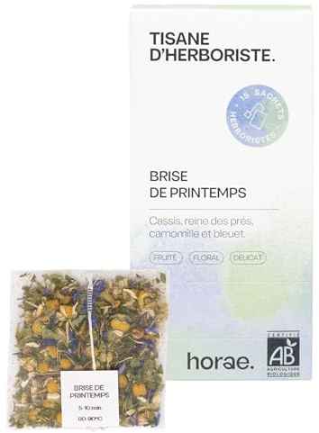 Horae - Tisane Brise de Printemps 15 sachets - Tisane bio de cassis, reine des près, camomille et bleuet - Tisane d'herboristes produite en France