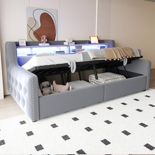 ECLIVON Schlafsofa Kinderbett 90x200 mit LED Streifen und USB Anschluss | Polsterbett Einzelbett mit Hydraulisch Stauraum, Stauraumbett Bett Bettgestell mit Lattenrost, Ohne Matratze, Samt, Hellgrau