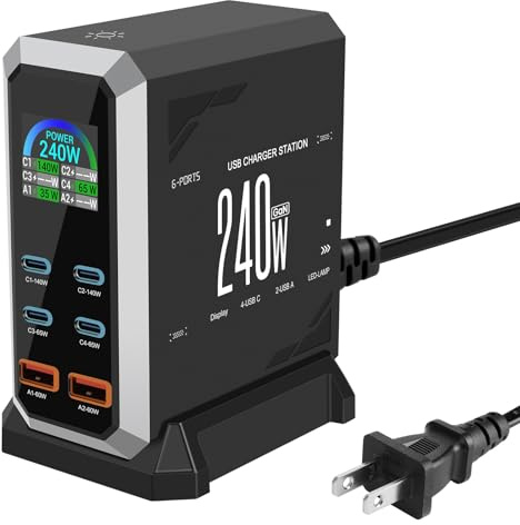 240W Charging Station, 6-Port GaN III USB C Fast Charger Block (4 USB-C & 2 USB-A) with 140W, 65W, 60W PD PPS Ports, Multi Device USB Hub Compatible with MacBook, Pad, Phone, Galaxy, Laptops & More