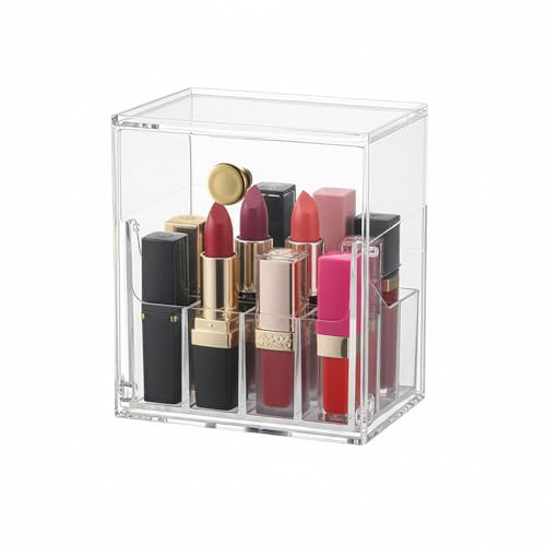 Soporte para brochas de maquillaje con tapa a prueba de polvo con 12 compartimentos, almacenamiento de pintalabios, organizador de brillo de labios, caja de almacenamiento transparente para maquillaje