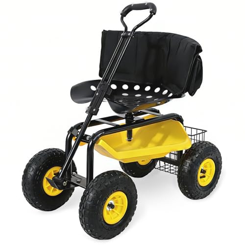 Sekey Garden Cart Rolling Workseat with Backsupport & 360° Swivel Seat, Heavy Duty Garden Scooter with Adjustable Height, Tool Tray, All-Terrain Wheels, 440 lbs Capacity for Seniors & Gardeners