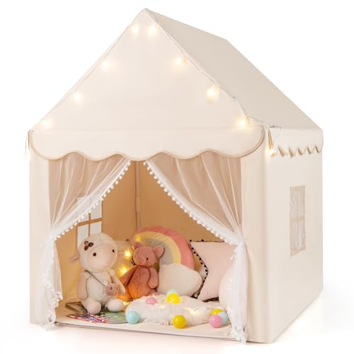 FANTASK Kinderzelt mit Fenstern & Matte, Spielzelt Kinder mit Sternenlichter & doppeltem Vorhang, Kinder Spielhaus für Jungen und Märchen