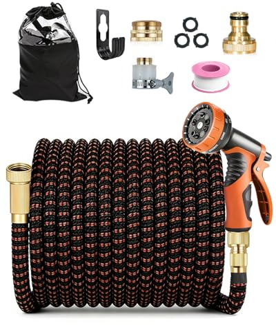 150FT Expandable Garden Hose, Flexible Water Hose Pipe with 1/2 & 3/4 Connectors, 10 Spray Patterns Nozzle, 4-Layer Latex Core, for Car Wash, Outdoor Cleaning & Garden Watering, Orange & Black