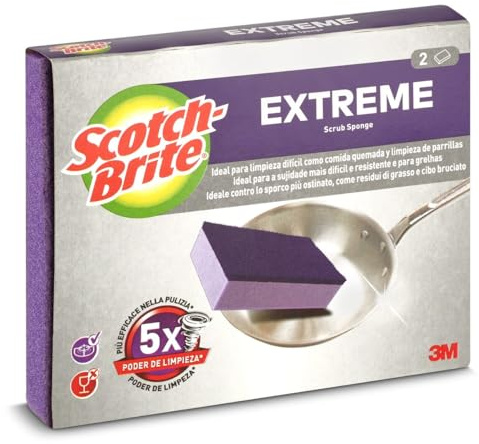 Scotch-Brite Extreme Estropajo de Cocina de Alto Rendimiento, Color Morado - Paquete de 2 Esponjas - para Limpiar Ollas, Sartenes y Bandejas de Horno