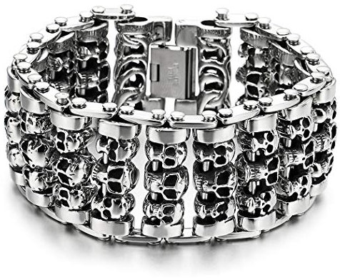 COOLSTEELANDBEYOND Schwere Edelstahl Große Gliederkette Fahrradkette Motorrad Motorradkette Armband mit Schädel für Herren - Poliert