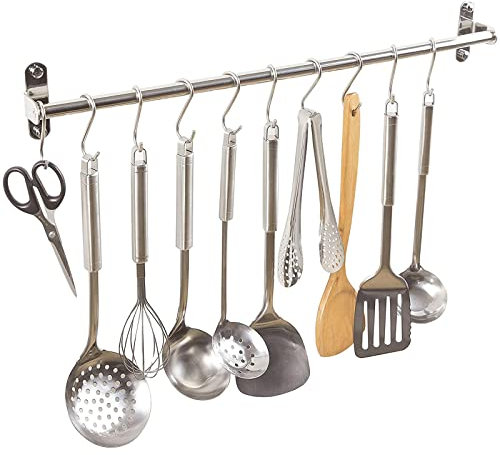 Alicemall SUS304 Edelstahl Küchenhakenleiste, Rostfrei Hakenleiste Küche, Küchenreling Küchenstange Küchenhelfer Hängeleiste Küchenutensilienhalter mit 10 Beweglichen Haken für Küche Badezimmer(40cm)