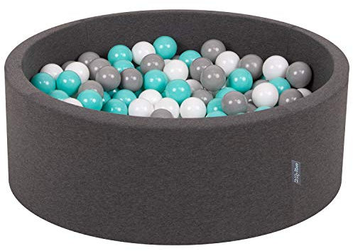 KiddyMoon OK30D-112 Bällebad 90X30cm/300 Bälle ∅ 7Cm Bällepool Mit Bunten Bällen Für Babys Kinder Rund, Dunkelgrau:Weiß/Grau/Helltürkis