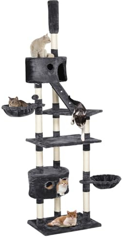 Yaheetech Arbre à Chat XXL Géant Griffoir Grattoir Hauteur de 228 à 255 cm 2 Hamacs 2 Condos 3 Plateformes 2 Troncs en Sisal Gris
