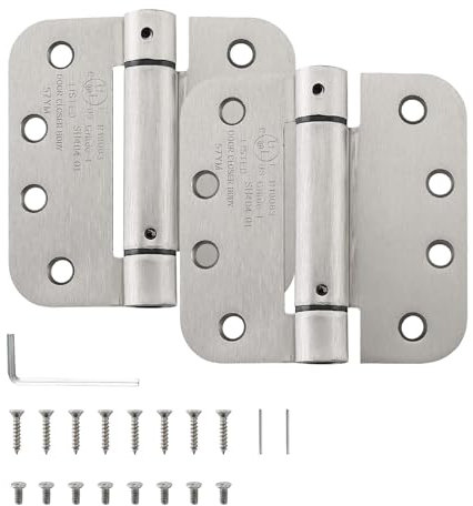 HOME MASTER HARDWARE 2 Pack Rounded Satin Nickel Door Hinges, 4 x 4 inch Adjustable Spring Self Closing Hinges for Garage, Front, Back Door
