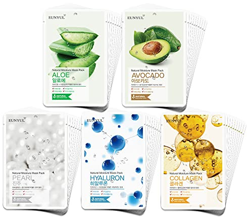 EUNYUL Natural Mask Sheet [Pack of 50] - Bulk Value Set, 5 Types x 10 Sheets (Aloe, Collagen, Pearl, Hyaluron, Avocado) - Korean Face Sheet Masks for Daily Skin Care