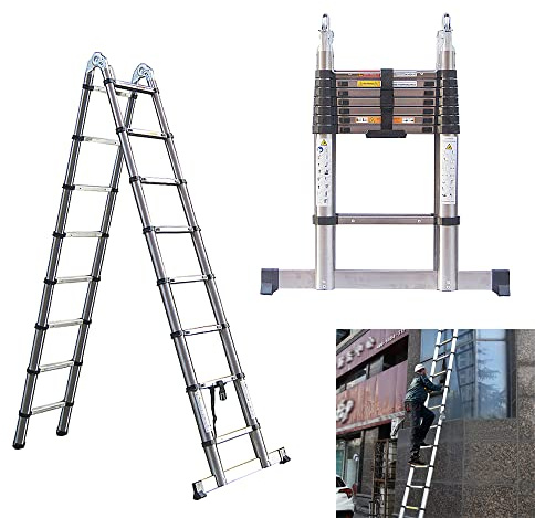 Echelle Telescopique en Acier Inoxydable, Échelle Pliante 5M Multifonction Echelle Escabeau, 16 Marches Échelle Télescopique Pliante, Charge Max.330 LBS (2,5M + 2,5M)
