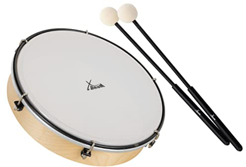 XDrum HTM-12K Handtrommel mit Schlägel Set, Durchmesser: 12 (30, 5 cm) | 5 cm), Robustes Polyesterfell, Holzrahmen aus Ahorn, 6 Spannhaken zum Stimmen der Trommel, Ergonomischer Griff, Höhe: 6 cm