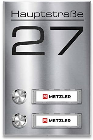 Metzler Aufputz Funkklingel für Zweifamilienhäuser - V2A Edelstahl - Austauschbare Namensschilder - Inkl. Gravur (Straßenname) - wählbare Namensschild & Drucktaster-Beleuchtung - 2-Fach | Tara M2