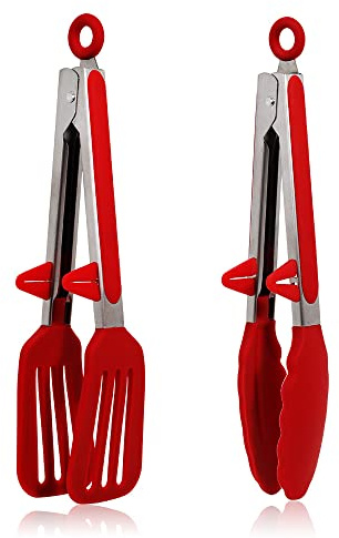 Kitchen Tongs, 9 Inch Silicone Tongs Set of 2 Food Safe Silicone Red Cooking Tong Non-Slip Locking BBQ Serving Salad Tongs with Stainless Steel Handle