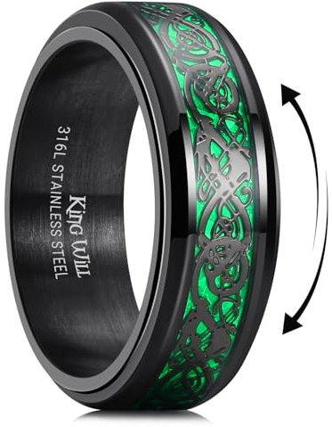 King Will Schwarzer Fidget Ring Keltischer Drachen Spinner Ring Edelstahlring mit blauem/rotem/lilaem Kohlefaser-Inlay, 8mm Angstring für Männer und Frauen