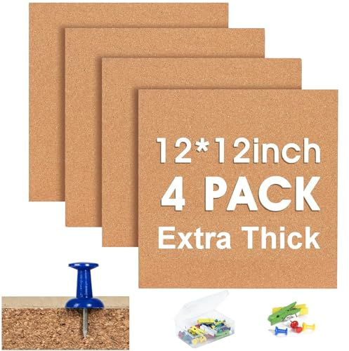 Cork Bulletin Square Board for Walls - SVOPY 4 Pack Extra Thick 12x12 Inches Cork Board Tiles for Home Office Decor, Cork Sheet,School Message Board Decorative Display Boards