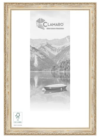 CLAMARO 'ELSA' Bilderrahmen Antik 50x70 Massivholz | Creme Weiß Gold | Shabby Chic Vintage Barock | Holzrahmen inkl. Acrylglas, Rückwand, Aufhänger (Querformat & Hochformat)
