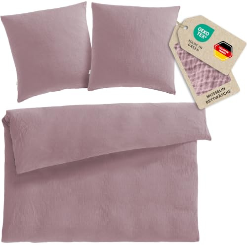 Pure Label Musselin Bettwäsche 200x220+2x80x80 cm - Mauve | Traumhaft weiche, kuschelige Bettwäsche-Sets aus Musselin - 40° Waschbar