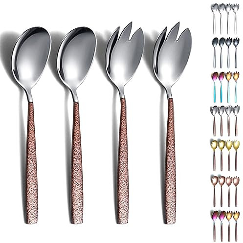 Evanda Salatbesteck, Edelstahl Salatbesteck mit braunem Griff und silbernem Kopf, Salatlöffel, Salatbesteck, Salatgabel, 4er Pack